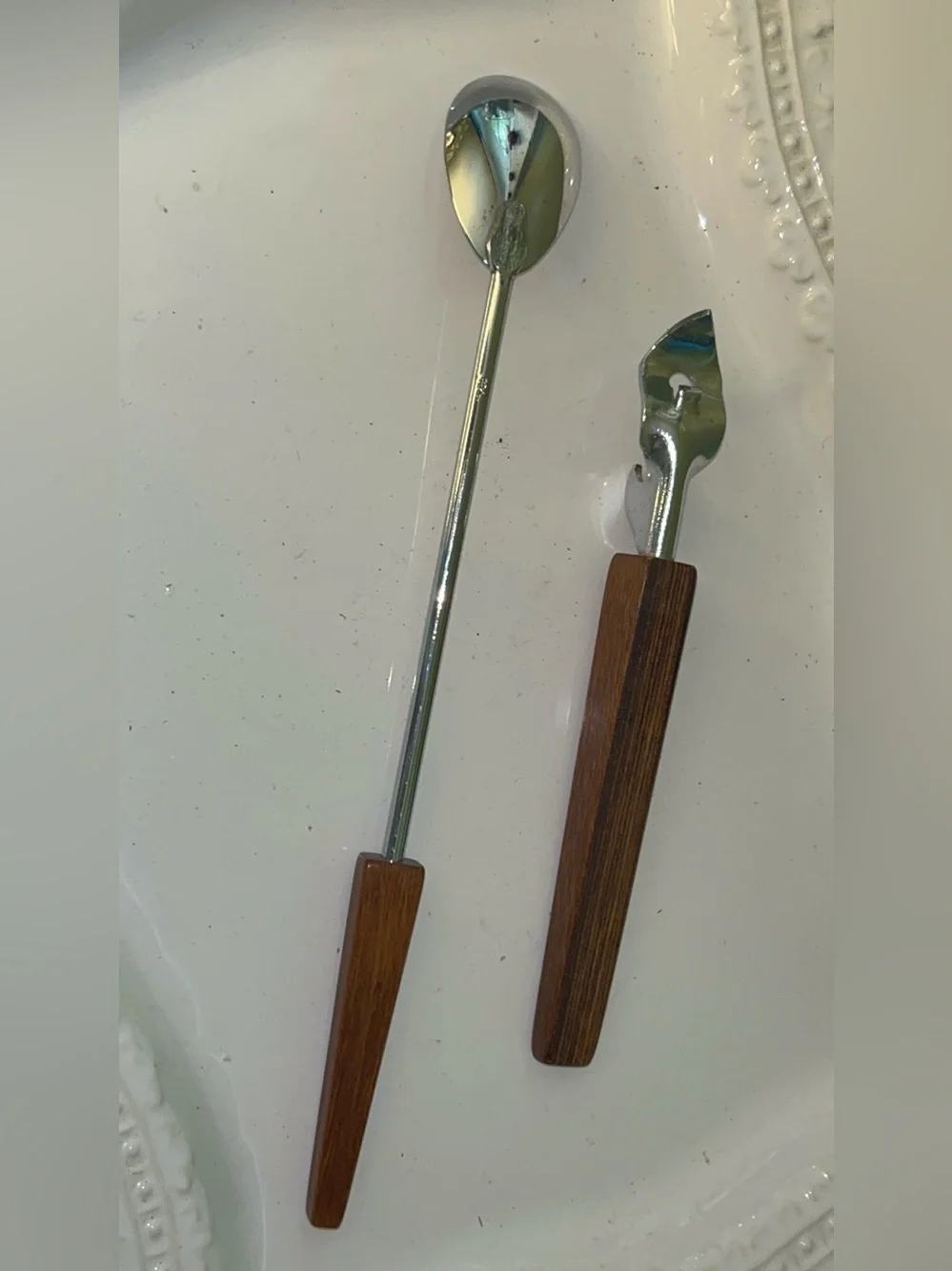 Vintage Barware Tools Stainless Steel with tapered, wood-grained yBakelite handl